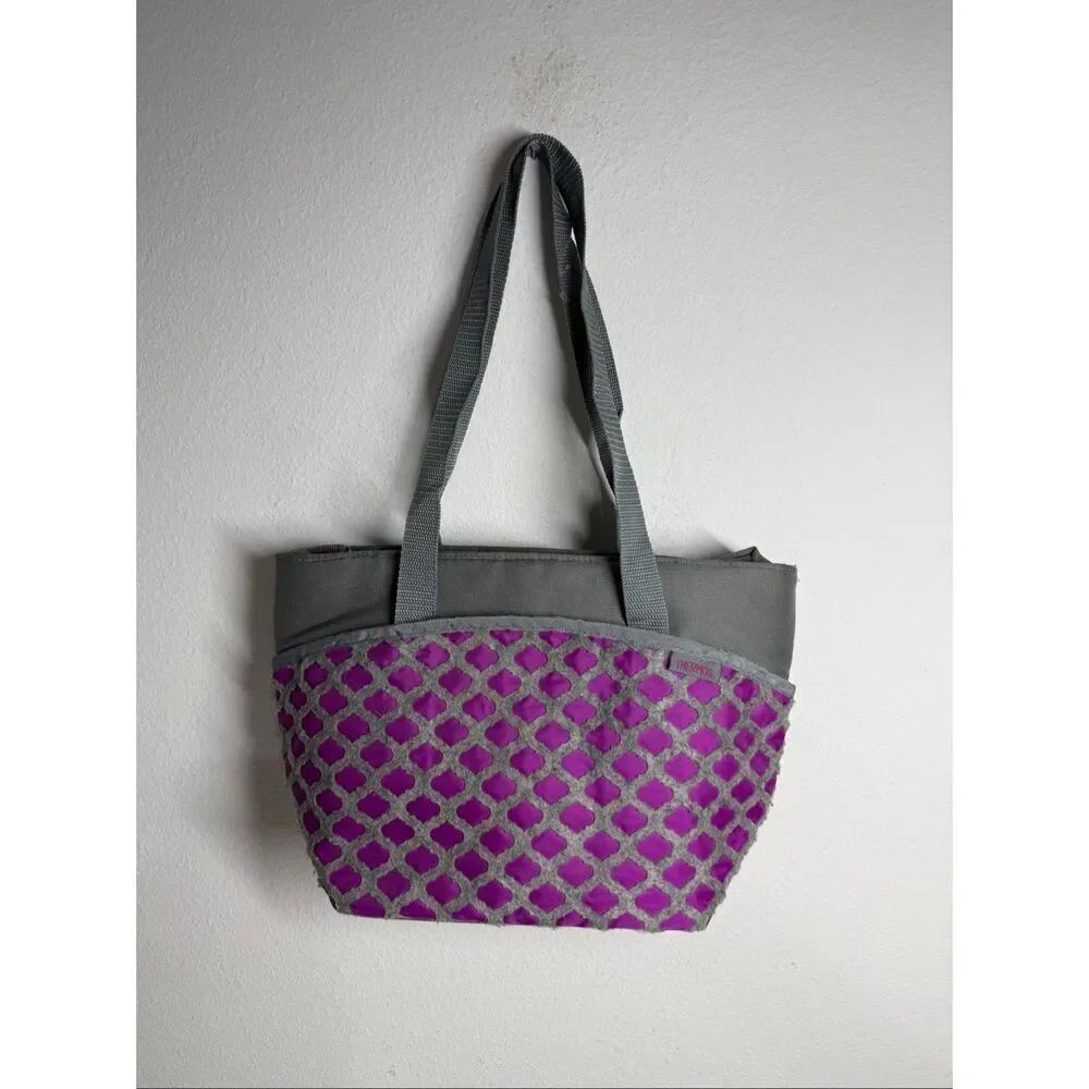Thermos Insulated Lunch Bag Cooler Tote Reusable Carry Food Storage Gray Purple